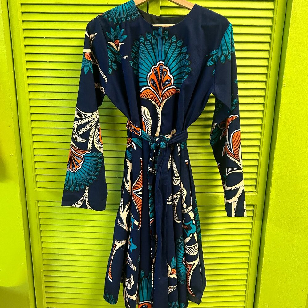 Ray Darten Ankara Print Dress | Navy Teal Orange Belted Designer
